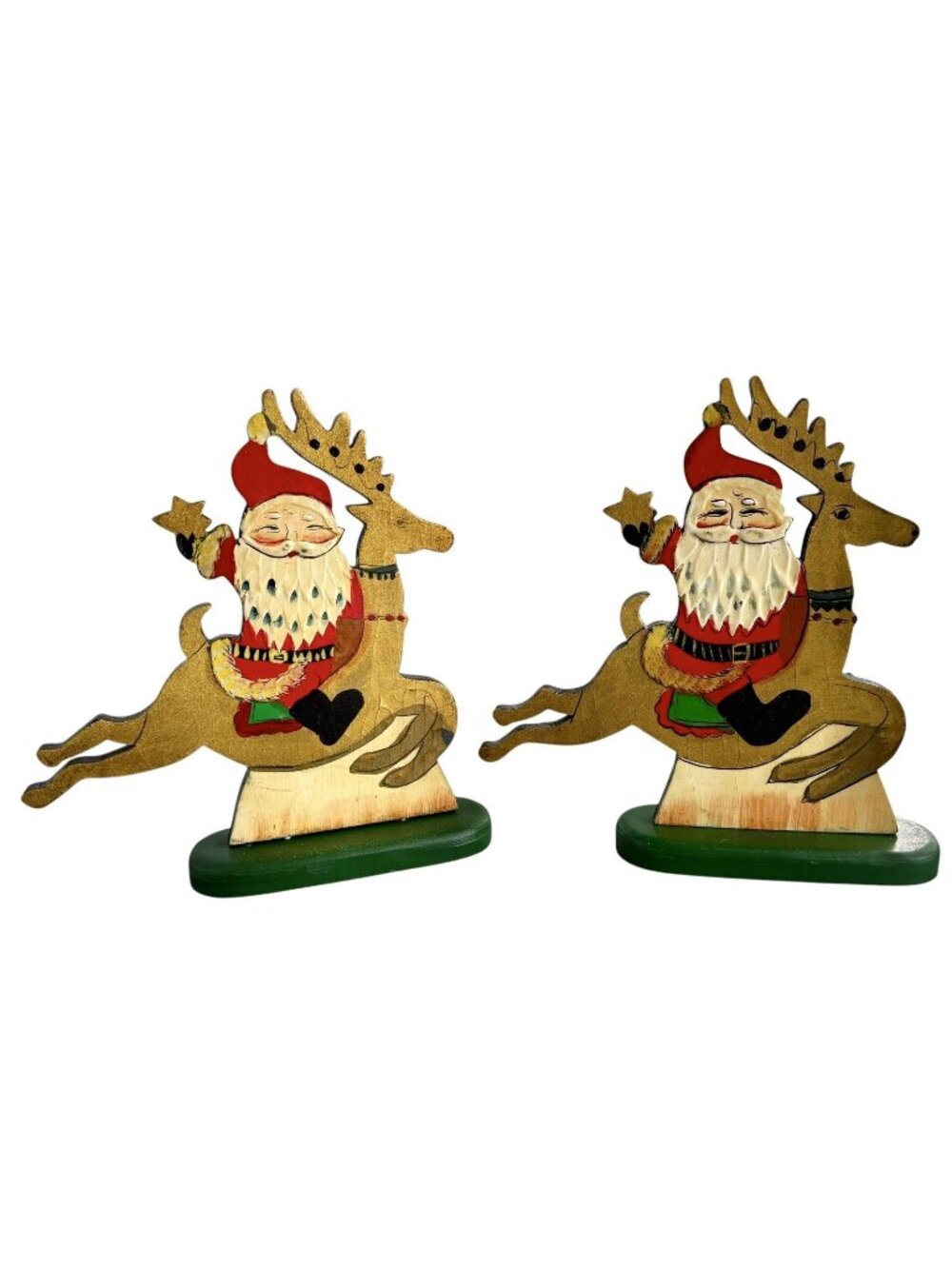 Vintage Albert E Price Santa Reindeer Painted Wooden Plaque 9” Cottage Set Of 2